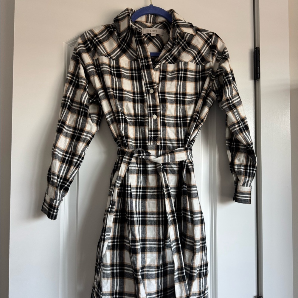 LOFT Black and Cream Plaid Long Sleeve Dress